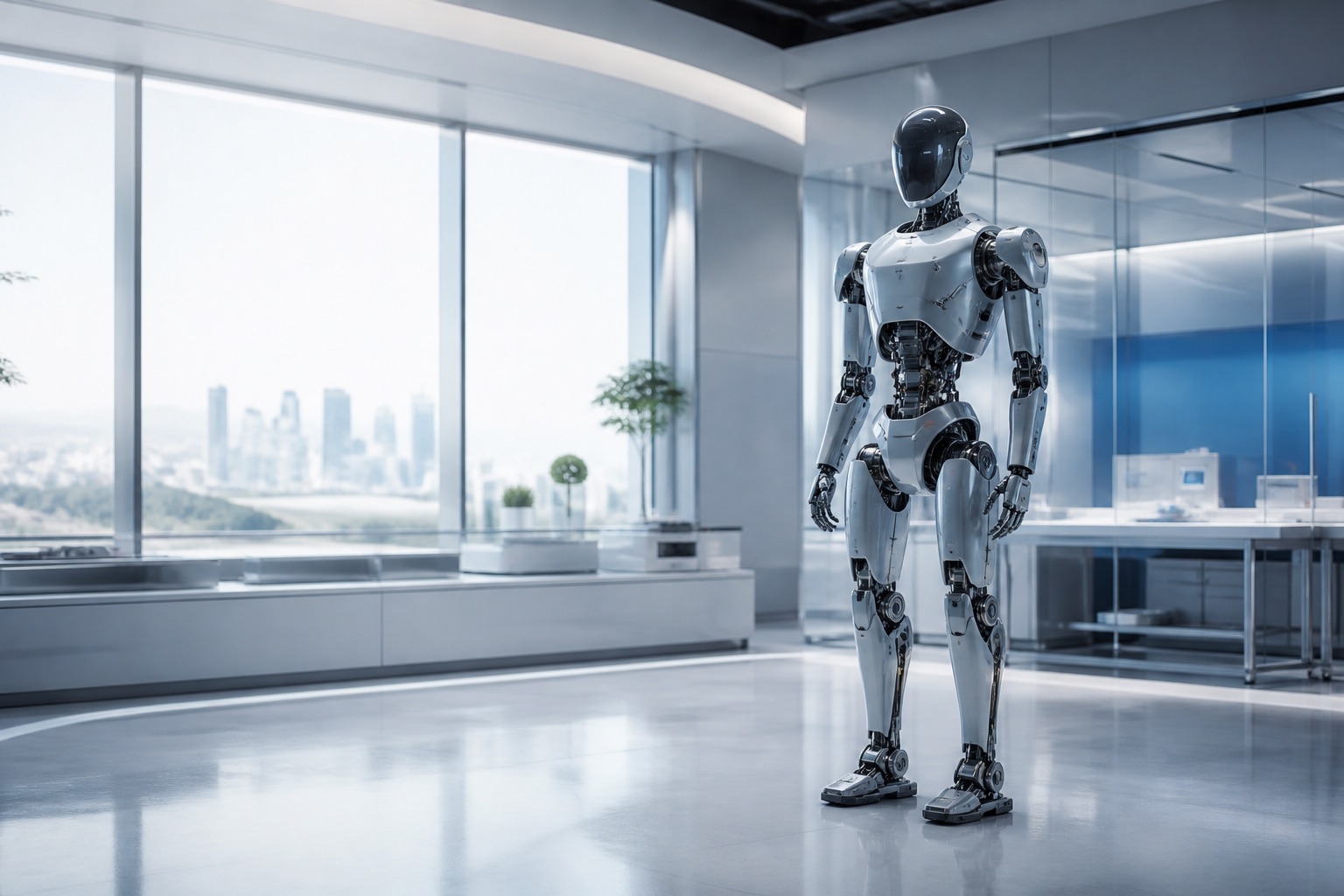 Two-legged humanoid robot in a research lab