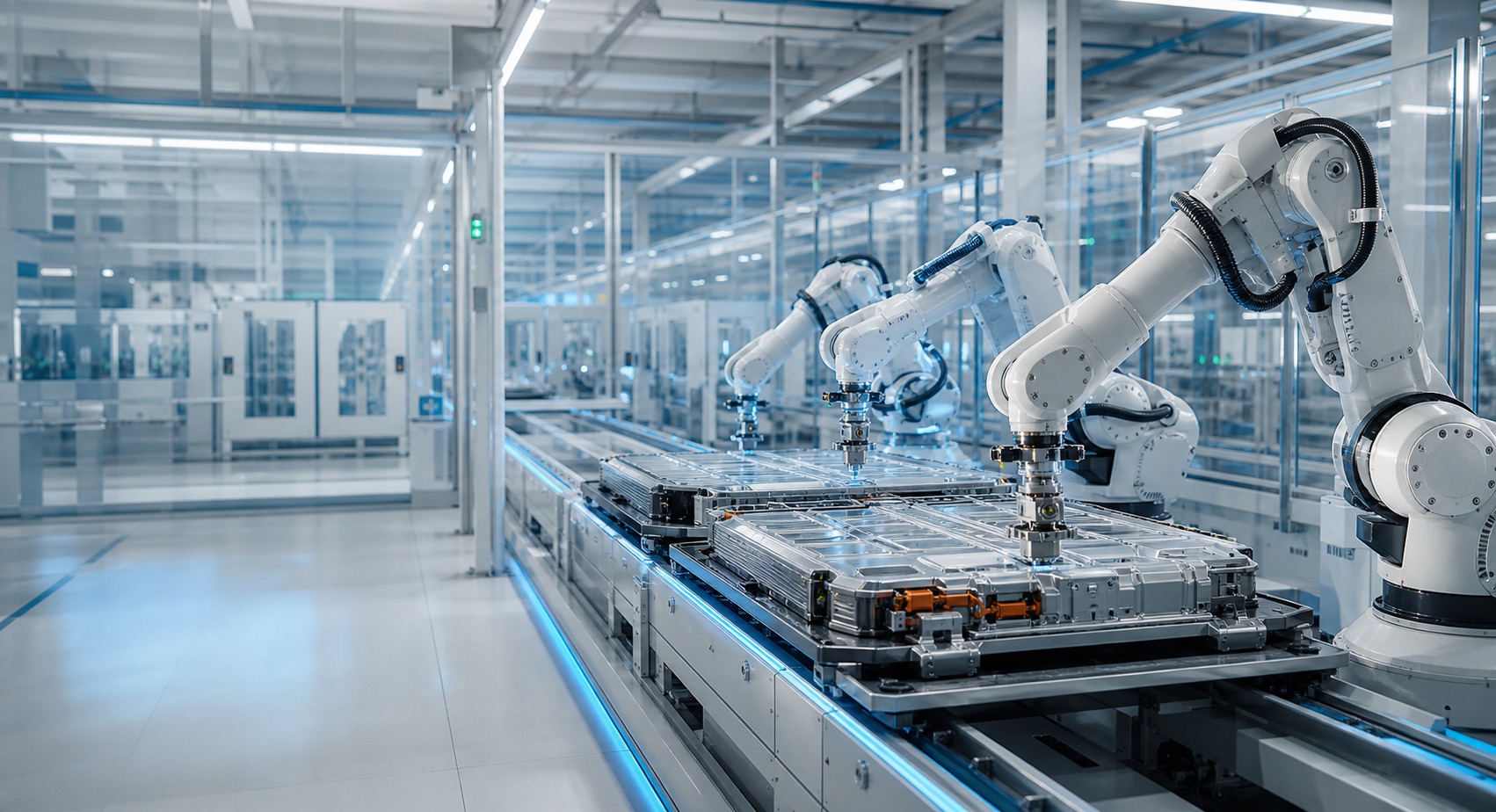Industrial robot arms on a production line
