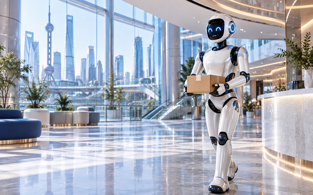 Humanoid robot carrying a package in a modern Shanghai public space