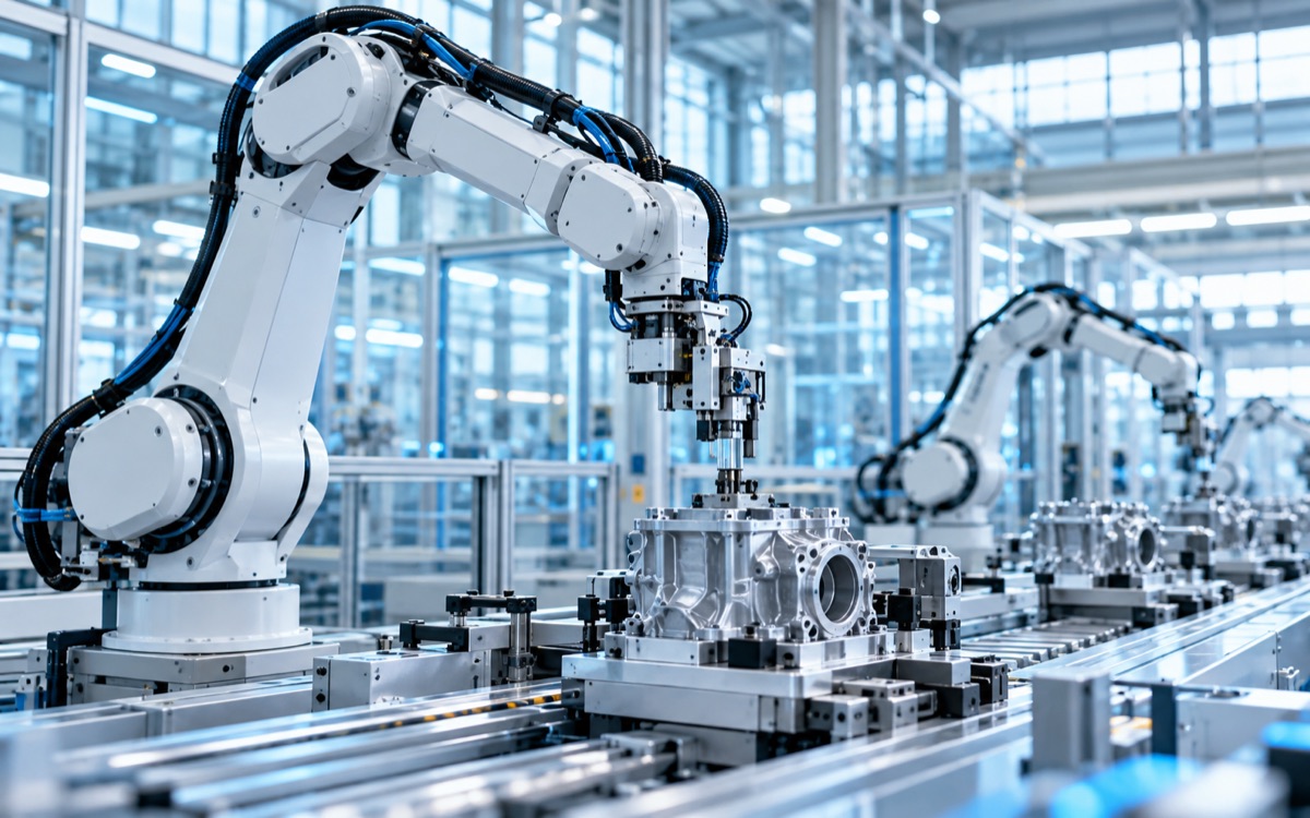 Industrial robotic arms assembling precision components in a modern factory